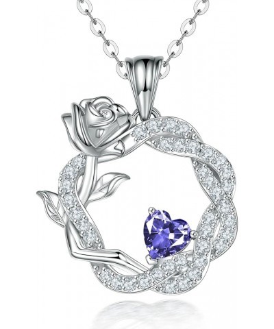 925 Sterling Silver Promise Forever Love Rose Flower Heart Birthstones Necklaces for Women with Cubic Zirconia Anniversary Bi...