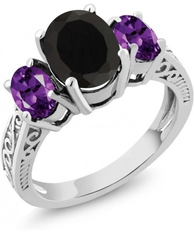 925 Sterling Silver Black Onyx and Purple Amethyst 3-Stone Ring For Women (2.53 Cttw, Gemstone Birthstone, Available In Size ...