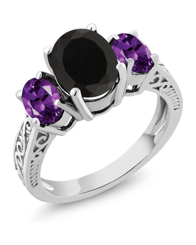 925 Sterling Silver Black Onyx and Purple Amethyst 3-Stone Ring For Women (2.53 Cttw, Gemstone Birthstone, Available In Size ...