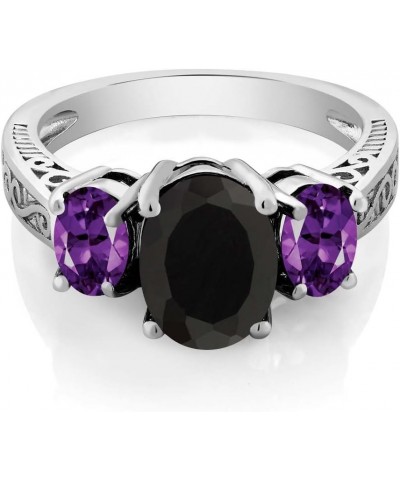 925 Sterling Silver Black Onyx and Purple Amethyst 3-Stone Ring For Women (2.53 Cttw, Gemstone Birthstone, Available In Size ...