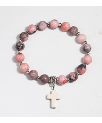 Christian Gifts for Women, Men Cross Beads Stretch Bracelet Catholic Religious Jewelry Gifts Healing Natural Stone Pink Zebra...