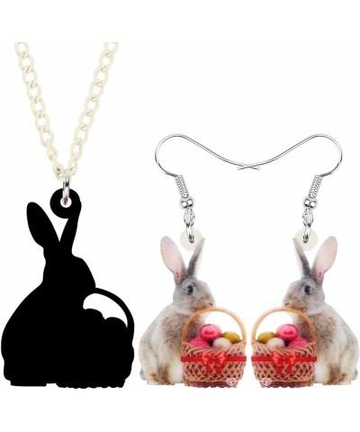 Acrylic Easter Eggs Basket Bunny Hare Jewelry Set Rabbit Earrings Necklace Pendant Gifts for Women Girls Ladies Red $7.27 Jew...