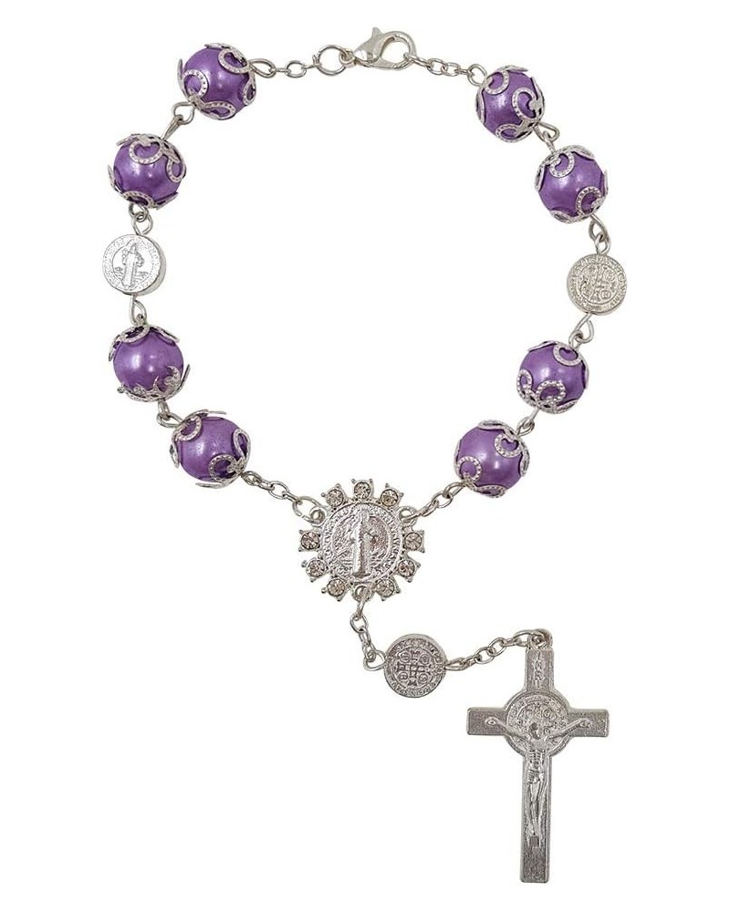 One Decade Auto Rosary Beads Catholic Bracelet Saint St Benedict Crucifix Divine Mercy Gift Purple $8.26 Bracelets