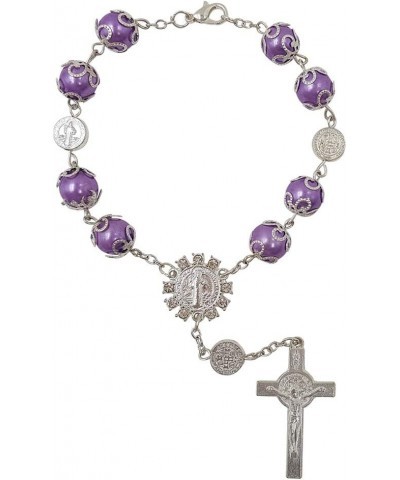 One Decade Auto Rosary Beads Catholic Bracelet Saint St Benedict Crucifix Divine Mercy Gift Purple $8.26 Bracelets