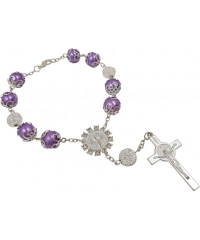 One Decade Auto Rosary Beads Catholic Bracelet Saint St Benedict Crucifix Divine Mercy Gift Purple $8.26 Bracelets