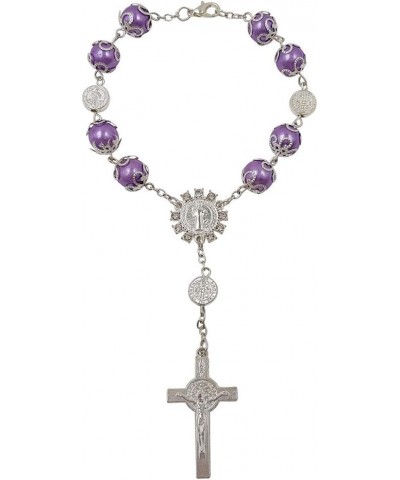 One Decade Auto Rosary Beads Catholic Bracelet Saint St Benedict Crucifix Divine Mercy Gift Purple $8.26 Bracelets