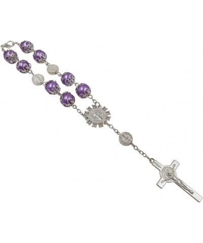 One Decade Auto Rosary Beads Catholic Bracelet Saint St Benedict Crucifix Divine Mercy Gift Purple $8.26 Bracelets