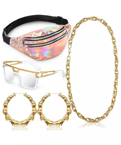 Hip Hop Woman Costume Kit Including Fanny Packs Transparent Sunglasses Faux Gold Rope Chain and Round Hoop Earrings Rose Gold...