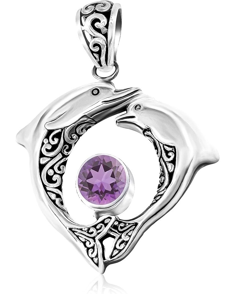 .925 Sterling Silver Double Dolphin Pendant with Genuine Amethyst, Blue Topaz, Garnet ,Green Quartz or Peridot and .70 Platin...