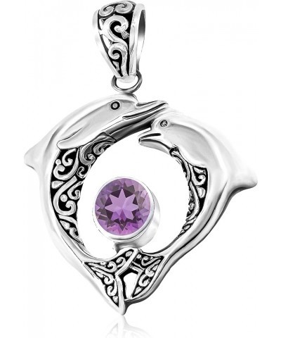 .925 Sterling Silver Double Dolphin Pendant with Genuine Amethyst, Blue Topaz, Garnet ,Green Quartz or Peridot and .70 Platin...