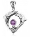 .925 Sterling Silver Double Dolphin Pendant with Genuine Amethyst, Blue Topaz, Garnet ,Green Quartz or Peridot and .70 Platin...