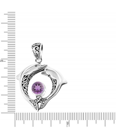 .925 Sterling Silver Double Dolphin Pendant with Genuine Amethyst, Blue Topaz, Garnet ,Green Quartz or Peridot and .70 Platin...