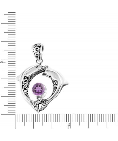 .925 Sterling Silver Double Dolphin Pendant with Genuine Amethyst, Blue Topaz, Garnet ,Green Quartz or Peridot and .70 Platin...