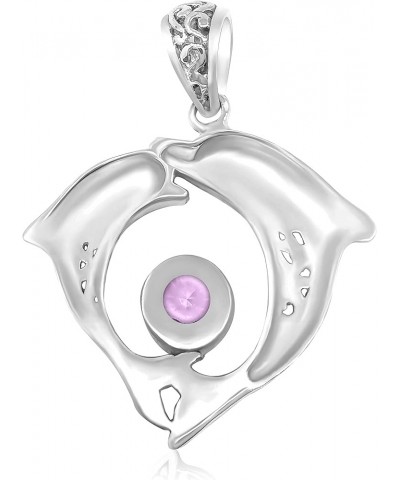 .925 Sterling Silver Double Dolphin Pendant with Genuine Amethyst, Blue Topaz, Garnet ,Green Quartz or Peridot and .70 Platin...