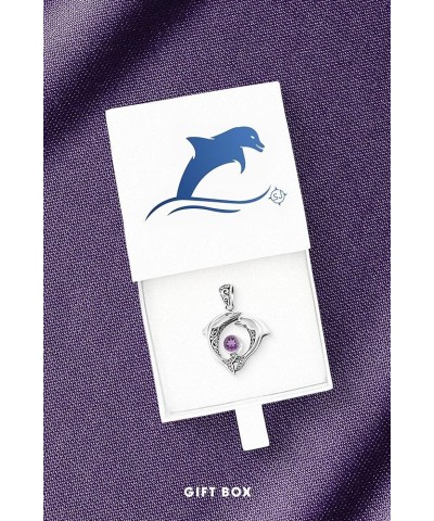 .925 Sterling Silver Double Dolphin Pendant with Genuine Amethyst, Blue Topaz, Garnet ,Green Quartz or Peridot and .70 Platin...