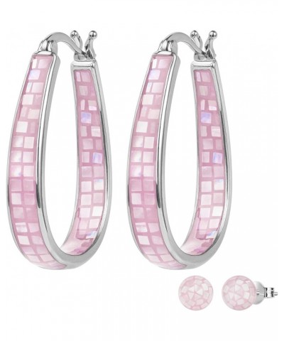 Rhodium Plated Oval Inside Out Shell Hoop Earrings For Women&Girls Fashion Jewelry Gift Pink Shell $10.32 Earrings