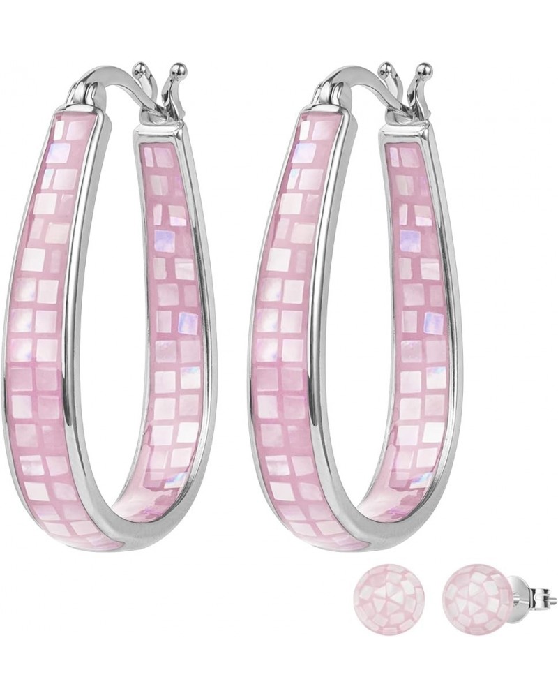 Rhodium Plated Oval Inside Out Shell Hoop Earrings For Women&Girls Fashion Jewelry Gift Pink Shell $10.32 Earrings