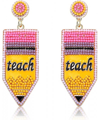 Colorful Beaded Teacher Earrings for Women, Seed Bead Pencil Dangle Earrings, Statement Apple Book Drop Earrings, Teacher App...