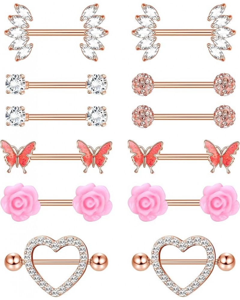 6 Pairs 14G Stainless Steel Nipple Rings Tongue Ring CZ Barbell Heart-Shape Flower Butterfly Nipple Piercing Jewelry for Wome...