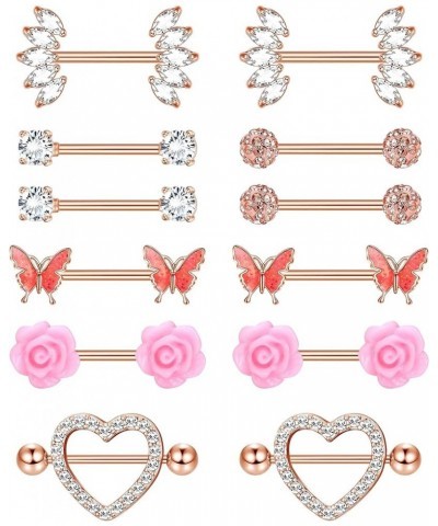 6 Pairs 14G Stainless Steel Nipple Rings Tongue Ring CZ Barbell Heart-Shape Flower Butterfly Nipple Piercing Jewelry for Wome...