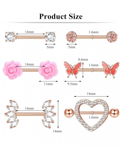 6 Pairs 14G Stainless Steel Nipple Rings Tongue Ring CZ Barbell Heart-Shape Flower Butterfly Nipple Piercing Jewelry for Wome...