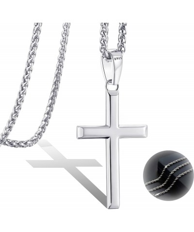 925 Sterling Silver Cross Necklace for Men Women with 3MM Stainless Steel Strong Durable Wheat Chain 18K White Gold Plated Be...