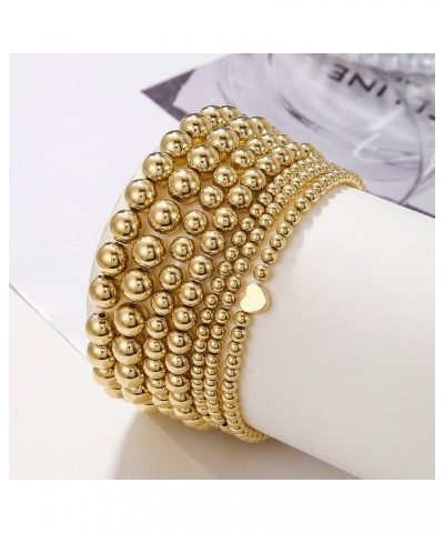 Gold Beaded Bracelets for Women Stackable Stretch Bead Bracelet Set 14k Gold Bracelet Stack Pack Style D-7 Pcs Heart Beads Go...