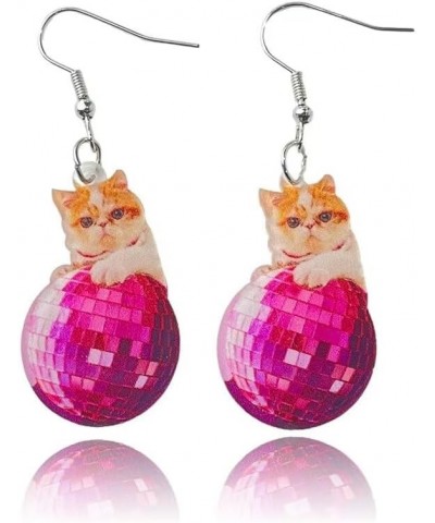 Acrylic Animal Fun Cat on the Moon Dangle Earrings 70'S 80'S Retro Shiny Disco Ball Earrings Lovely Cat Earrings For Women Gi...