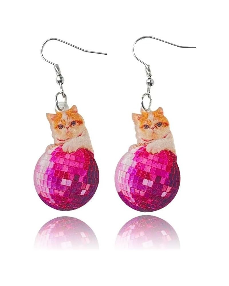 Acrylic Animal Fun Cat on the Moon Dangle Earrings 70'S 80'S Retro Shiny Disco Ball Earrings Lovely Cat Earrings For Women Gi...