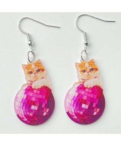 Acrylic Animal Fun Cat on the Moon Dangle Earrings 70'S 80'S Retro Shiny Disco Ball Earrings Lovely Cat Earrings For Women Gi...