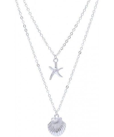 Summer Beachy Necklace Double Layer Starfish with Seashell Pendant Necklace Sea Star Conch Necklace for Women Girls silver $8...