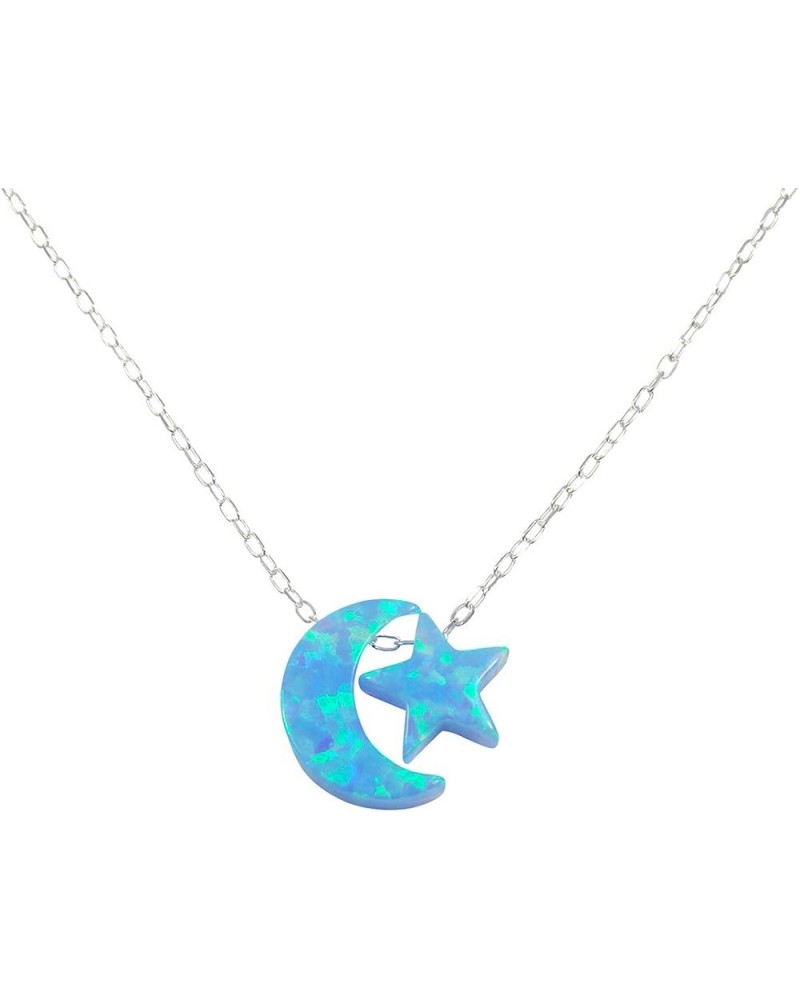 Opal Moon and Star Necklace 925 Sterling Silver Chain Light Blue Moon Light Blue Star $23.31 Necklaces