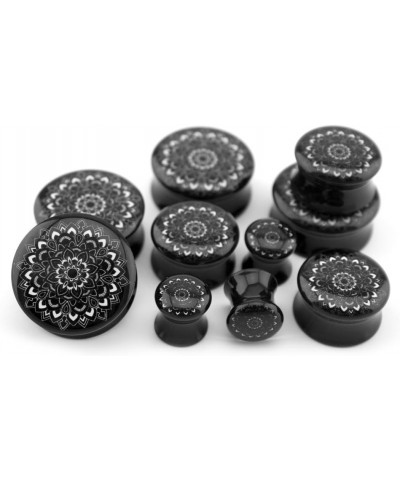 Pair of 5/8" Gauge (16mm) Black Mandala Flower Plugs - Double Flare $11.11 Body Jewelry