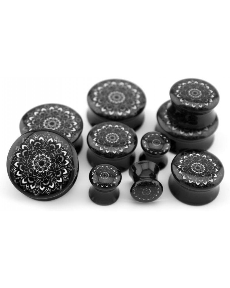 Pair of 5/8" Gauge (16mm) Black Mandala Flower Plugs - Double Flare $11.11 Body Jewelry