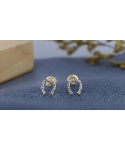 Round White Diamond Horse Shoe Stud Earrings for Her (0.10 ctw, Color I-J, Clarity I1-I3) in Gold 10K - Metal Stamp Push Back...