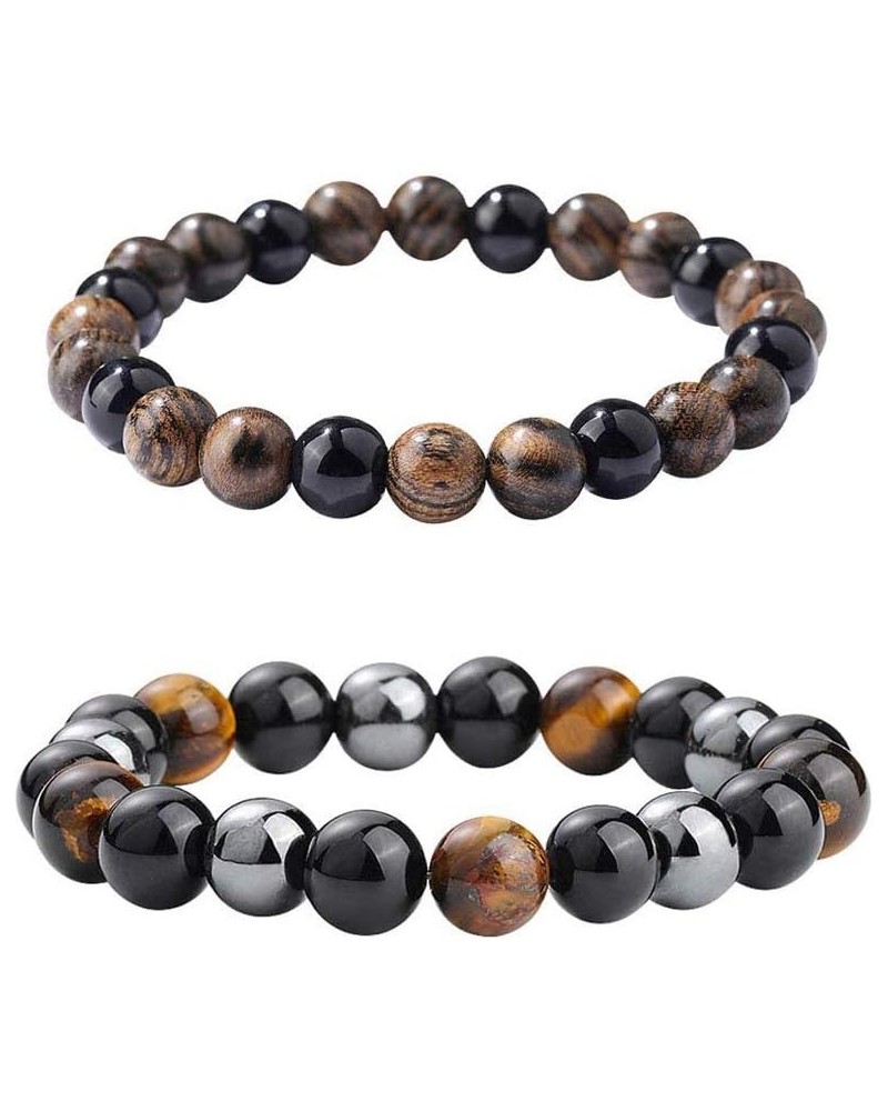 Triple Protection Bracelet Hematite Black Agate Tiger'S Eye Stone Bracelets And Sandalwood Beads Set Bring Luck And Prosperit...