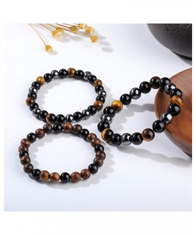 Triple Protection Bracelet Hematite Black Agate Tiger'S Eye Stone Bracelets And Sandalwood Beads Set Bring Luck And Prosperit...