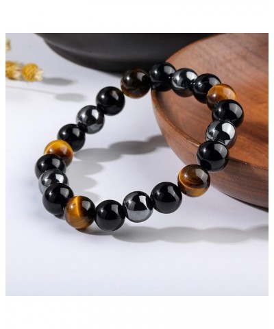 Triple Protection Bracelet Hematite Black Agate Tiger'S Eye Stone Bracelets And Sandalwood Beads Set Bring Luck And Prosperit...