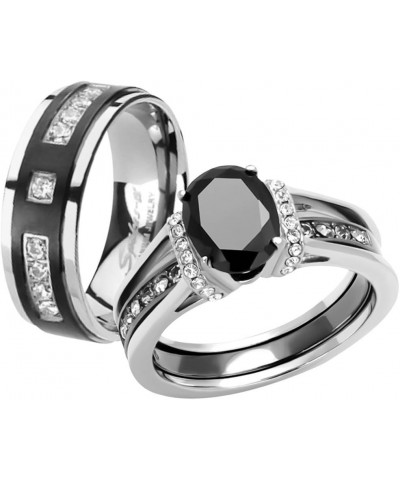 Her and His Black Cubic Zirconia Stainless Steel Wedding Engagement Ring and Titanium Band Set Women's Size 09 Men's Size 12 ...