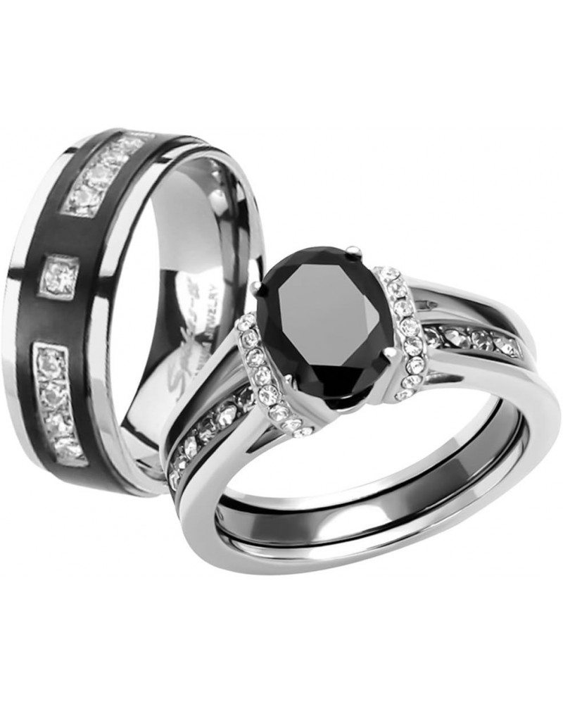 Her and His Black Cubic Zirconia Stainless Steel Wedding Engagement Ring and Titanium Band Set Women's Size 09 Men's Size 12 ...