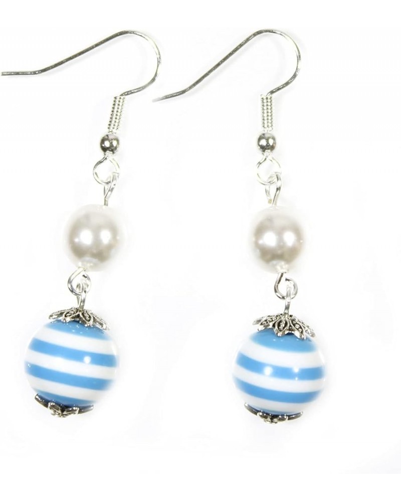 Sailor", Nautical Striped Double Dangle Earrings with Preciosa Glass Pearl Cerulean Sky Blue $12.29 Earrings