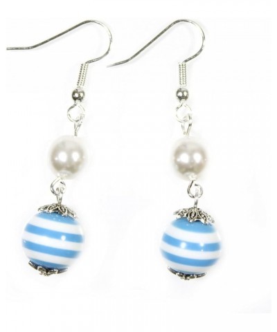 Sailor", Nautical Striped Double Dangle Earrings with Preciosa Glass Pearl Cerulean Sky Blue $12.29 Earrings