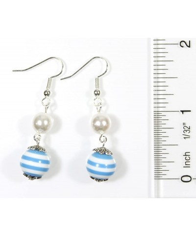 Sailor", Nautical Striped Double Dangle Earrings with Preciosa Glass Pearl Cerulean Sky Blue $12.29 Earrings