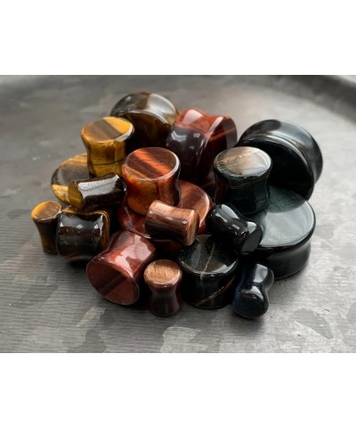 ALL 3 PAIR- Yellow, Blue & Red Tiger Eye Organic Stone Plugs Double Flare Gauges 00g (10mm) $16.05 Body Jewelry