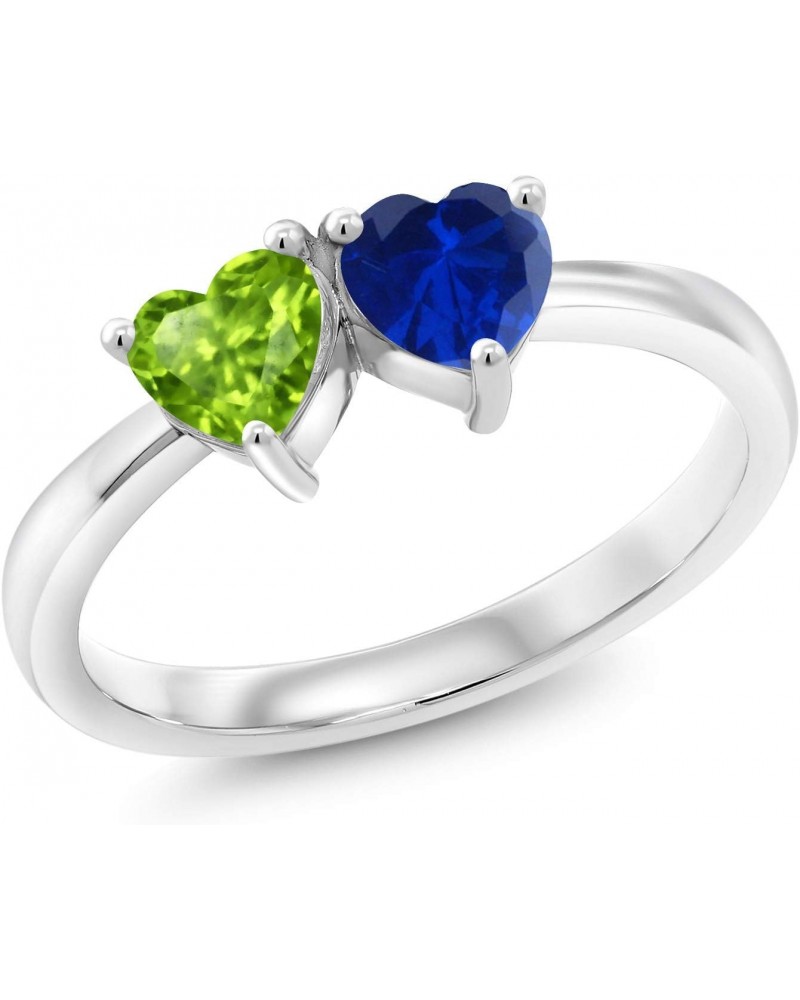 925 Sterling Silver Double Heart Shape Green Peridot Blue Created Sapphire Ring For Women (1.11 Cttw, Gemstone Birthstone, Av...