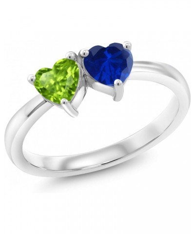 925 Sterling Silver Double Heart Shape Green Peridot Blue Created Sapphire Ring For Women (1.11 Cttw, Gemstone Birthstone, Av...