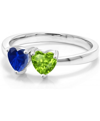 925 Sterling Silver Double Heart Shape Green Peridot Blue Created Sapphire Ring For Women (1.11 Cttw, Gemstone Birthstone, Av...