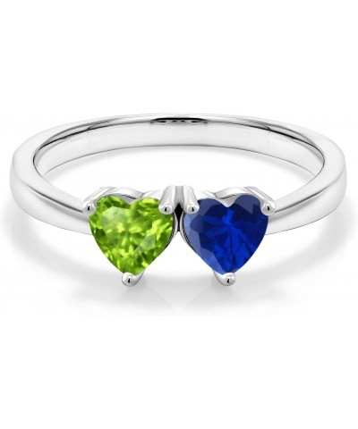 925 Sterling Silver Double Heart Shape Green Peridot Blue Created Sapphire Ring For Women (1.11 Cttw, Gemstone Birthstone, Av...