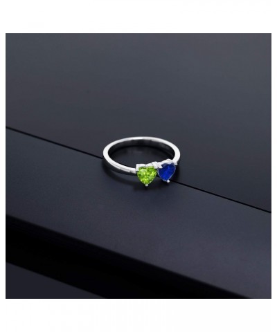 925 Sterling Silver Double Heart Shape Green Peridot Blue Created Sapphire Ring For Women (1.11 Cttw, Gemstone Birthstone, Av...