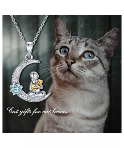 Cat Gifts for Cat Lovers Sterling Silver Moon Cat Pendant Necklace Jewelry with Birthstone Crystals, Birthday Gifts for Women...